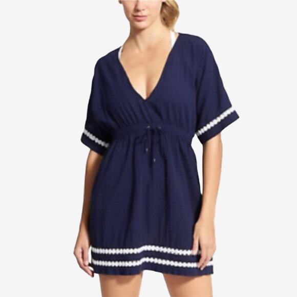 Athleta Coast To Coast Cover-Up Dress Size XS Navy Cotton Nautical Beachy - Picture 3 of 3